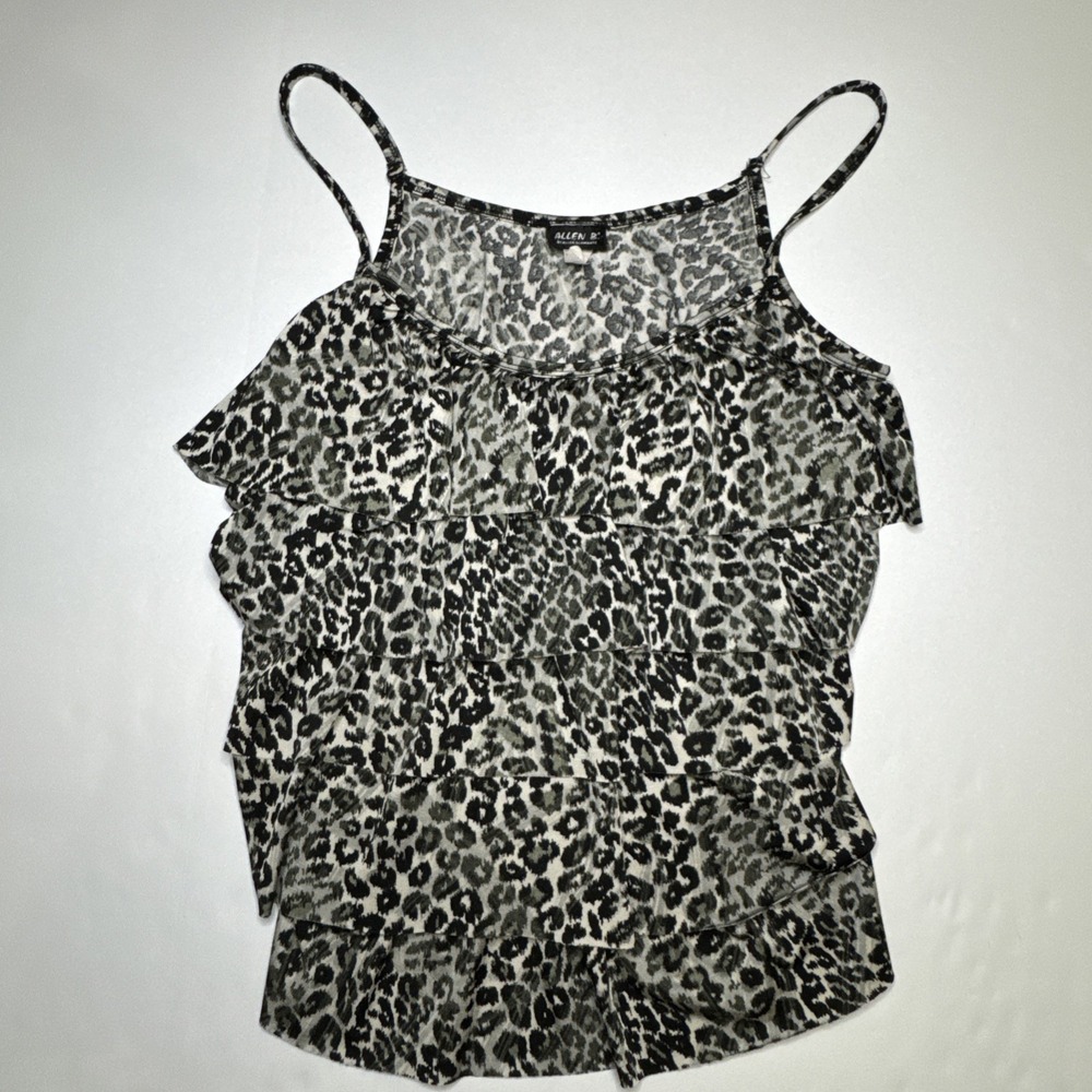 Tank Top Ruffle Tiered Leopard Print Gray M Allen B. by Allen Schwartz Cami